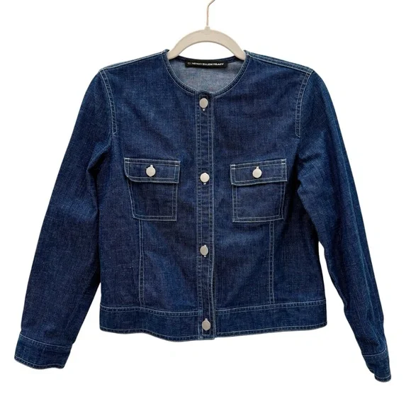 Ellen Tracy Collarless Jean Jacket Semi-Cropped Length